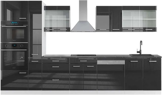 Vicco R-Line Küchenzeile in Anthrazit Hochglanz und Weiß mit Hochschrank, Breite: 350 cm - Bild 1