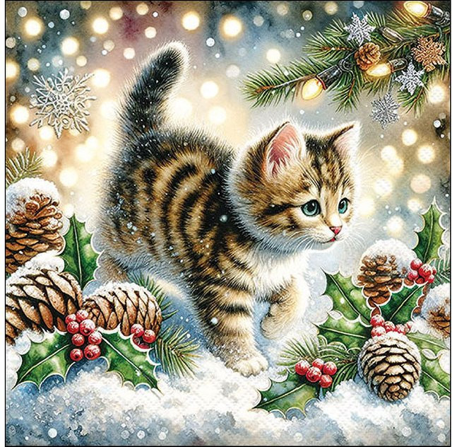 Serviette Cute Cat In The Snow mit Katzenmotiv für ein winterliches Ambiente, Papier, Breite: 33,0 cm, Höhe: 33,0 cm - Bild 1