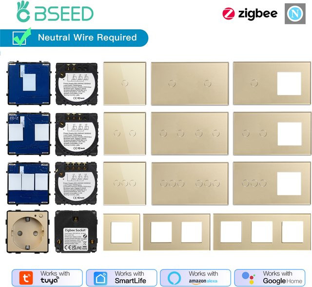 BSEED Zigbee Smart Schalter Teil mit Glas Panel für 1/2/3 Gang Dimmer oder Vorhangschalter, transparent, mit Neutralleiter und Phase - Bild 1