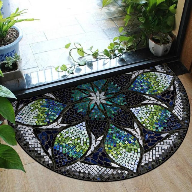 Halbkreisförmige Fußmatte mit Blumenmuster in Multicolour, rutschfest und waschbar, B/T: 90 x 60 cm - Bild 1