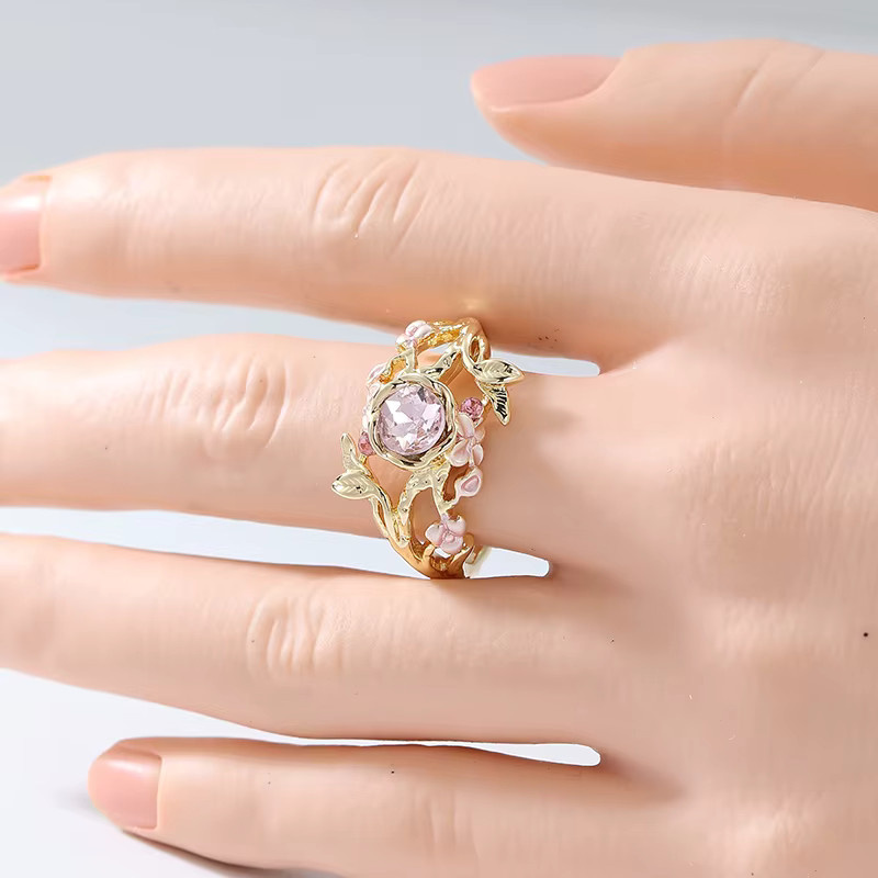 YoYo Ring, Blumen, Rosa Zirkonia, Gold, Vintage, Damen - Bild 1