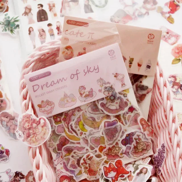 100er Paket Kawaii Washi Aufkleber mit Einhorn- und Katzenmotiven in Multicolour für Scrapbooking und Tagebuch - Bild 1