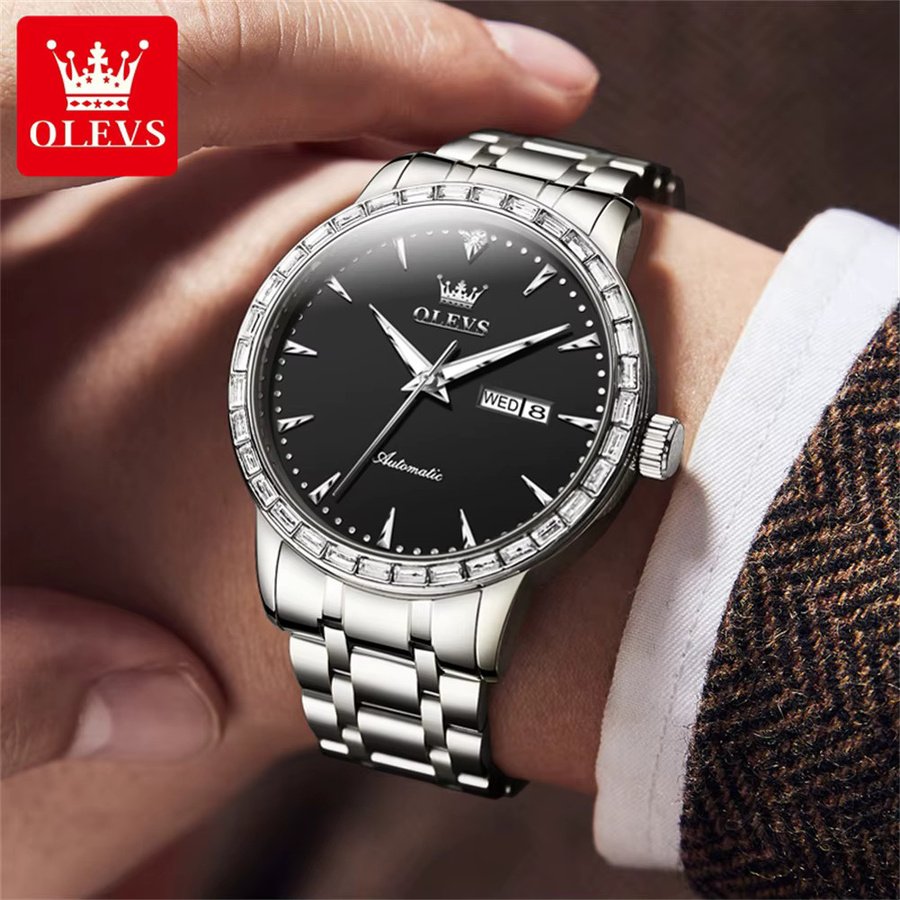 OLEVS Armbanduhr, Automatik, Edelstahl, Diamant, Herren, Schwarz, Silber - Bild 5