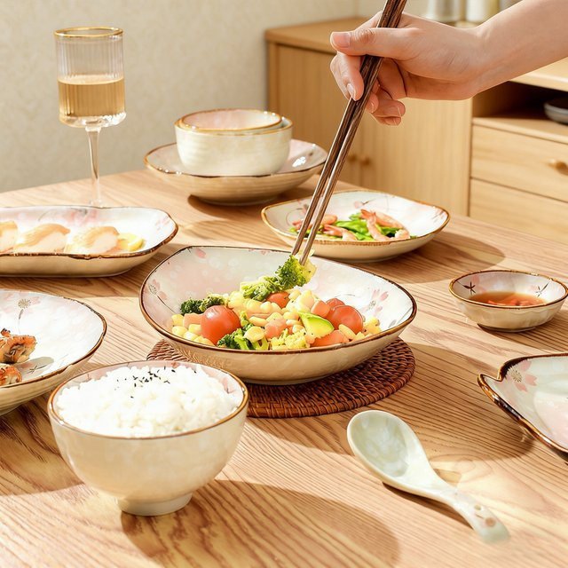 SOLECASA Keramik Schüssel im japanischen Vintage-Stil mit floralem Sakura-Design in Pink, ideal als Salat-, Obst- oder Dessertschale - Bild 1