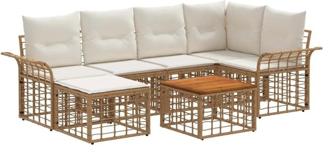 vidaXL Outdoor-Sofagarnitur aus Polyrattan mit 7 Teilen in Natur und Cremeweiß, L-Form Lounge-Set mit Kissen und Couchtisch für Garten und Terrasse - Bild 1