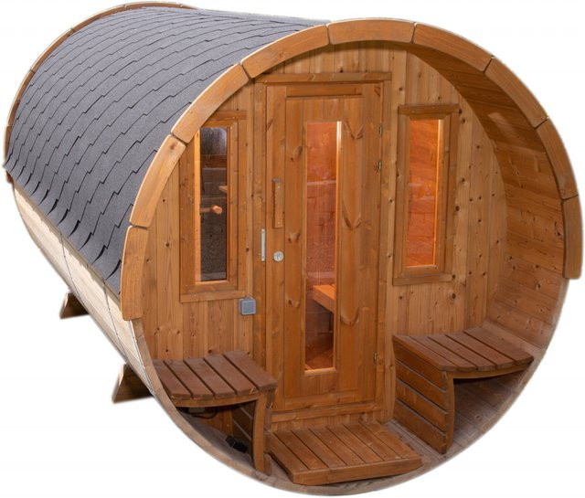 Finnhaus Wolff Saunafass TOVE aus Thermoholz in Braun mit Tonnendach und Fußboden, Durchmesser: 235 cm, Höhe: 400 cm - Bild 1