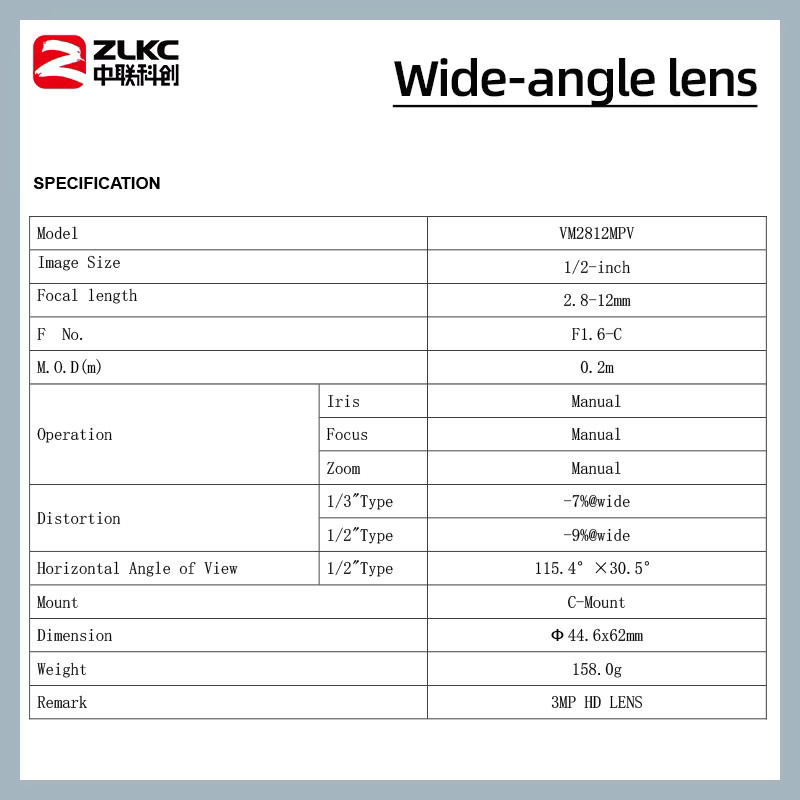 ZLKC Weitwinkel-Zoomobjektiv mit C-Mount Halterung, 2,8-12mm, f/2.5, 3MP, Schwarz - Bild 4