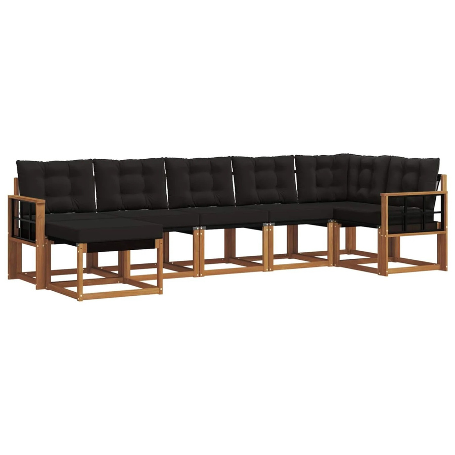 vidaXL Outdoor-Sofagarnitur 7-teilig aus Akazienholz und Textilene in Natur und Schwarz mit Kissen und Armlehnen - Bild 2