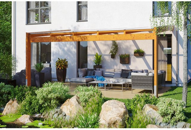 Skan Holz Terrassenüberdachung Novara aus Eiche hell mit Polycarbonat-Dach, Breite: 557 cm, Tiefe: 259 cm - Bild 1