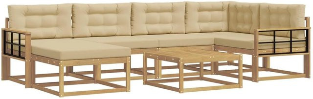 vidaXL Outdoor-Sofagarnitur aus Akazienholz in L-Form mit 7 Teilen, Weiß und Beige - Bild 1