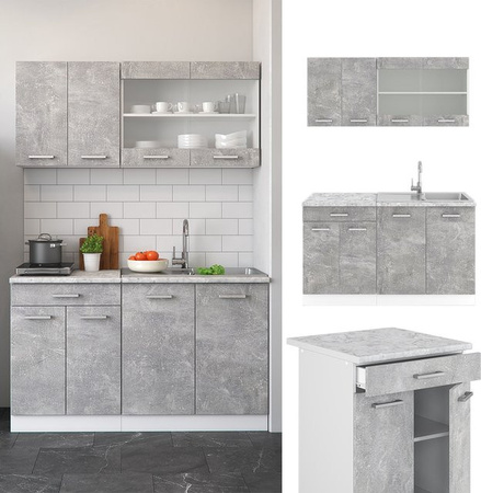 Vicco R-Line Singleküche Einbauküche in Beton-Optik und Marmor, Breite: 140 cm