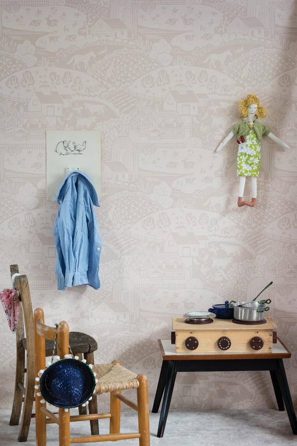 Farrow & Ball Mural Wallpaper Gable Setting Plaster Pink Ground Vintage Floral Landscape mit Tieren - Bild 1