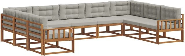 vidaXL Outdoor-Sofagarnitur 9-teilig in U-Form aus Akazienholz mit Kissen, Farbe: Natur und Hellgrau - Bild 1