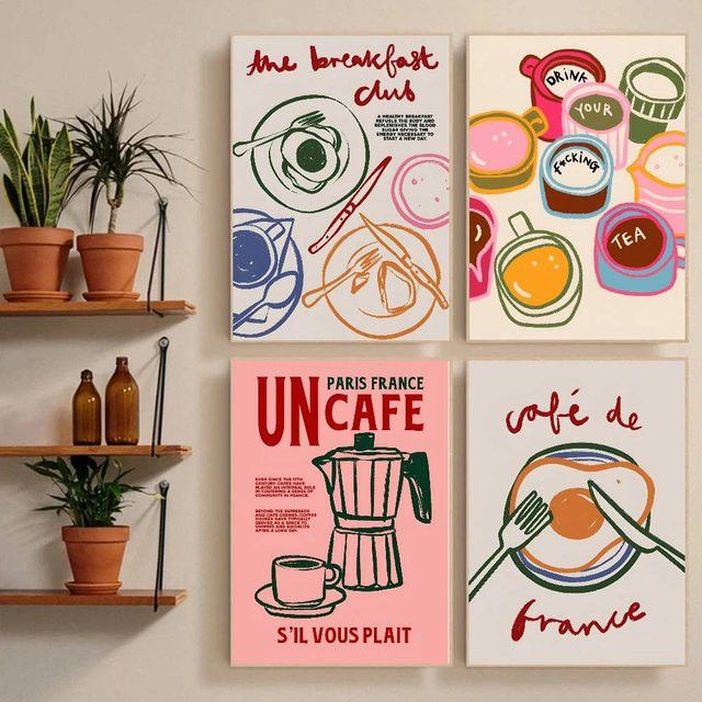 Retro Poster Coffee Shop Nachmittagstee Croissant Kaffeetasse Kunstmalerei aus Papier in Multicolor - Bild 1
