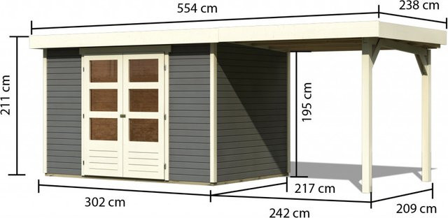 Karibu Gartenhaus ASKOLA 4 aus Massivholz mit Anbaudach in Terragrau, Pultdach, Breite: 302 cm, Tiefe: 217 cm, Höhe: 211 cm - Bild 1