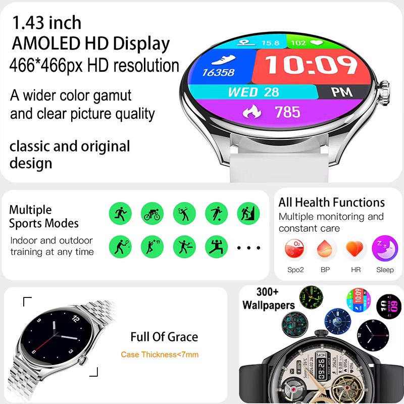 BOXUXING Smartwatch für Herren in Schwarz mit AMOLED 3D-Runddisplay, Edelstahlarmband, Herzfrequenzmessung, Bluetooth-Anruffunktion und wasserdichtem Design - Bild 2