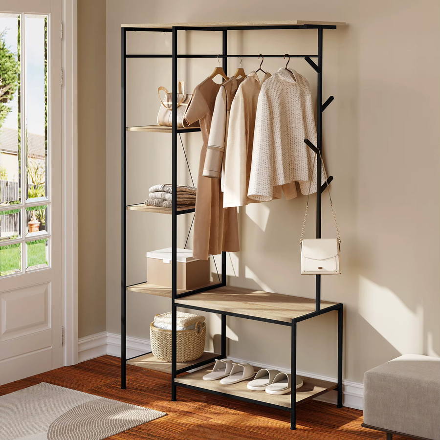 EUGAD 3-in-1 Garderobenständer mit Bank im Industrial Design, schwarzer Aufbewahrungsschrank mit 4-stufigem Regal, 4 Haken und Kleiderstange, B/T/H: 100 x 40 x 175 cm - Bild 4