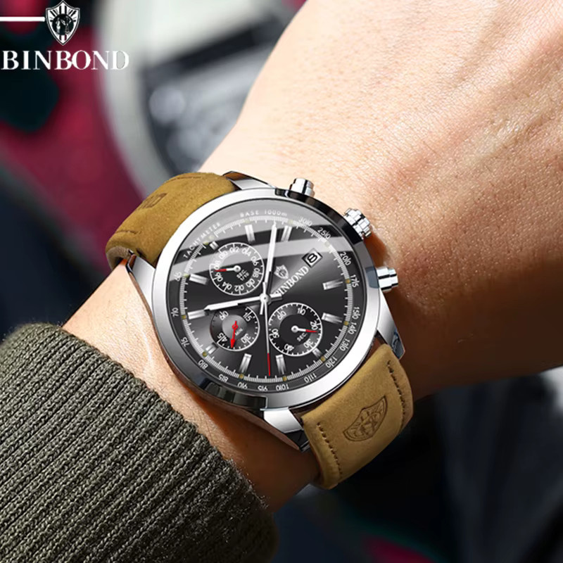 BINBOND Chronograph Armbanduhr, Quarz, Leder, Schwarz, Herren - Bild 6