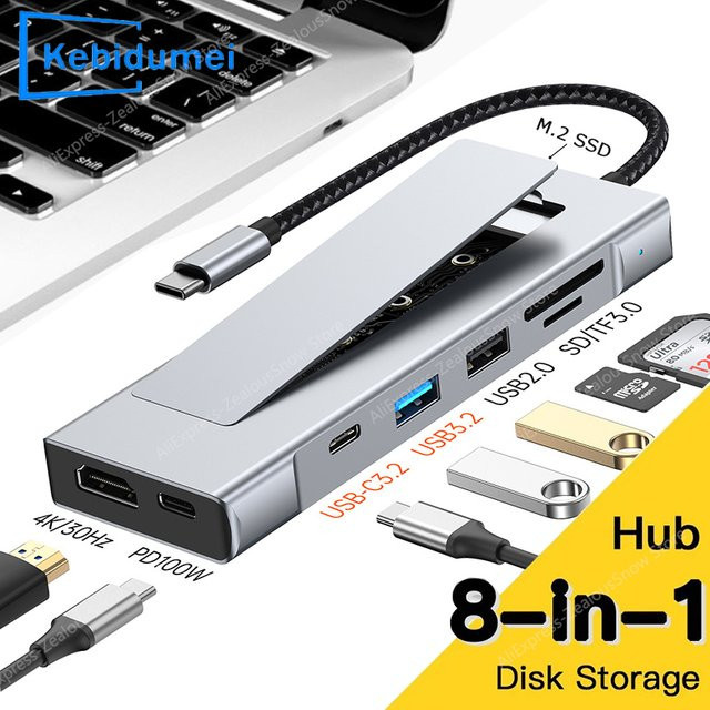 Kebidumei 8-in-1 USB 3.2 Hub mit M.2 SATA NVME SSD Speicherfunktion, USB-C zu HDMI Splitter und SD/TF-Leser in Silber für MacBook Pro - Bild 1