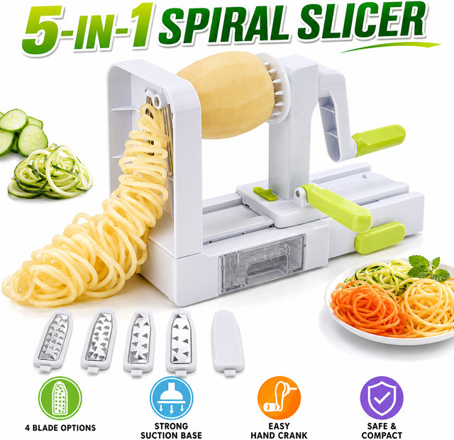 PGY 5-in-1 Handbetriebener Gemüsespiralschneider mit 5 Klingen, Zucchini-Nudelmaschine und Karotten-Kartoffel-Zerkleinerer, Weiß - Bild 1