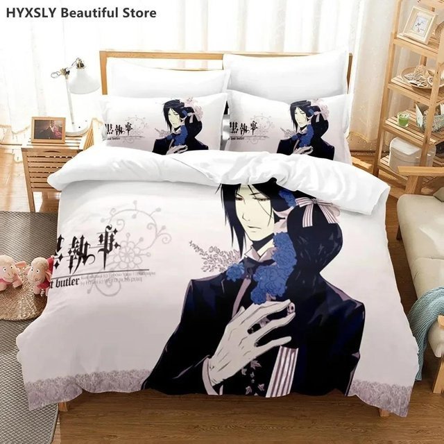 Black Butler Anime Bettwäsche-Set mit Bettbezug und Kissenbezügen in Schwarz und Weiß, B/H: 135 x 200 cm - Bild 1