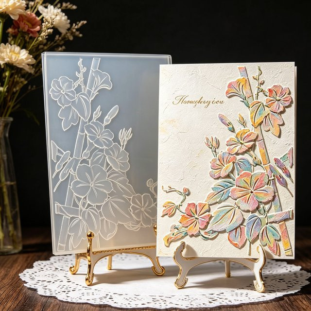 Handgefertigte Grußkarte mit geprägtem Morgenblumen-Design und Kletterpflanzen-Blumencluster-Muster aus Papier - Bild 1