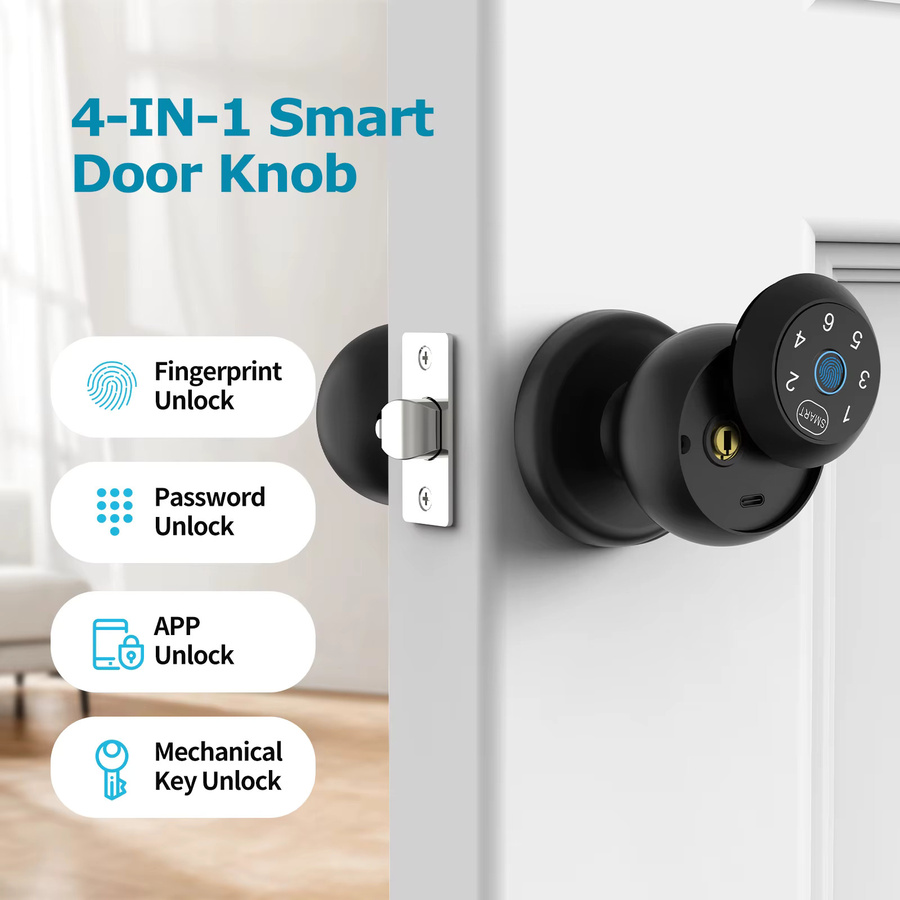 Viladepot Smart Lock Fingerabdruck-Türschloss in Schwarz mit App-Steuerung, Typ-C-Schnittstelle und elektronischer Touchscreen-Tastatur für den Innenbereich - Bild 4