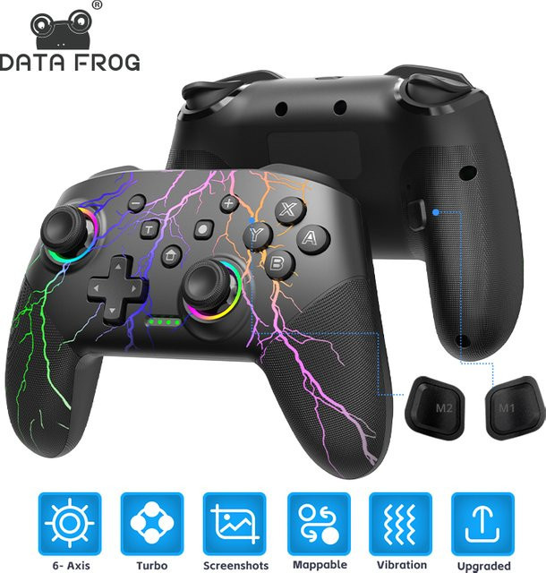 DATA FROG Wireless Pro Controller für Nintendo Switch mit RGB-Beleuchtung, programmierbarer Turbo-Funktion und Akku, Schwarz - Bild 1