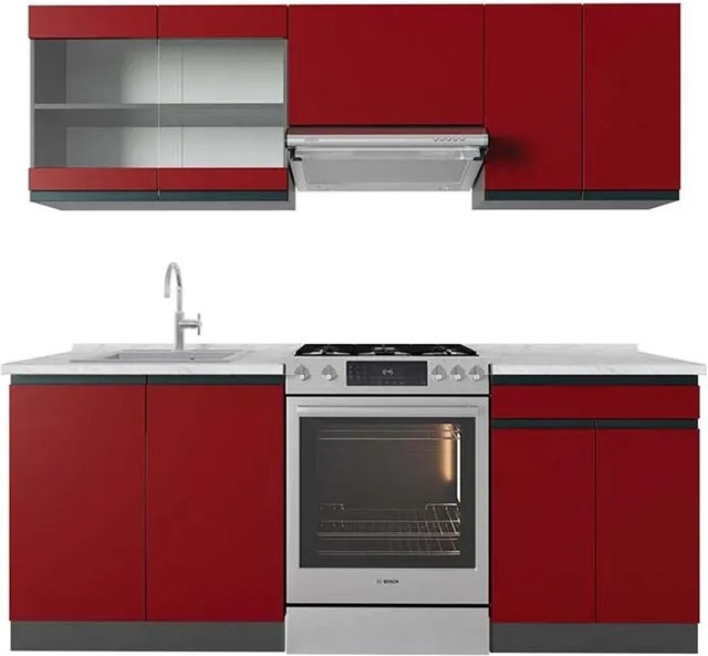 Vicco R-Line Küchenzeile modern in Rot/Anthrazit/Weiß mit Marmor-Optik, Breite: 200 cm - Bild 1