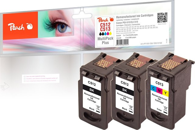 Peach C512 BK 3 Druckköpfe XL Set in Schwarz und Multicolor, wiederaufbereitet, passend für Canon Pixma MP 240 und Canon Pixma IP 2700, ersetzt Canon PG-512BK und CL-513C - Bild 1