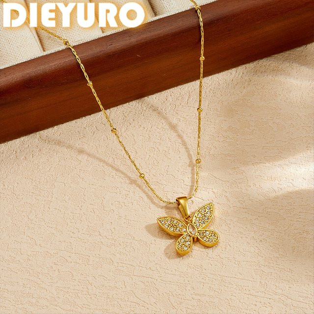 DIEYURO Halskette Edelstahl, Schmetterlingsanhänger, Gold, Zirkonia, Damen - Bild 1