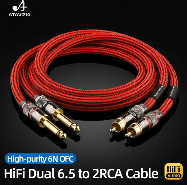 ATAUDIO HiFi Verbindungskabel 6,5mm Klinke TS auf 2RCA in Rot - Bild 1