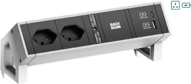 Bachmann DESK2 Steckdose mit 2x UK und 1x USB A & C 22W in Silber, Kabellänge: 0,2 m - Bild 1