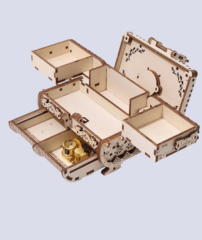 DIY 3D-Holzpuzzle antike Schmuckschatulle mit Spieluhr in Beige im Vintage-Design mit floralem Muster - Bild 1