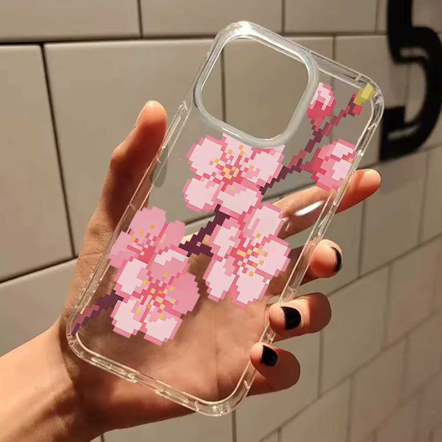 Transparente Silikonhülle mit Pixel-Art Kirschblütenmuster für iPhone 11 bis iPhone 17 Pro Max und weitere Modelle - Bild 3