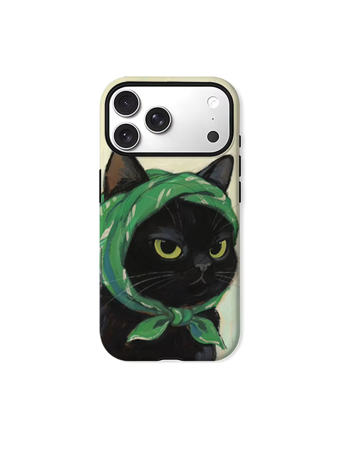 CaseLumi Matte Bumper MagSafe Hülle für iPhone 17 16 15 Pro Max Plus mit Schwarzer Katze und Grünem Kopftuch in Schwarz und Grün - Bild 6