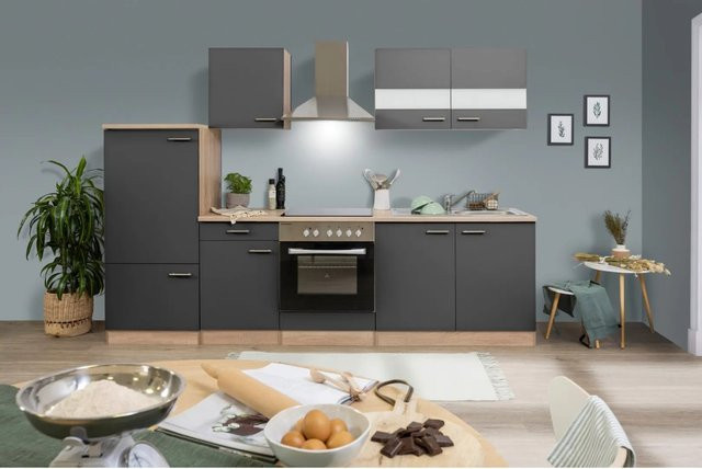Respekta Küchenzeile modern in Grau Eiche Sägerau mit Soft-Close-Türen und Glaselementen, Breite: 270 cm, Tiefe: 55,5 cm, Höhe: 6 cm - Bild 1