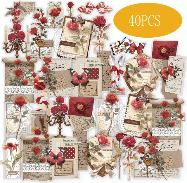 Etori Life Vintage Journal Aufkleber mit Rose Red Liebesbrief Muster für Scrapbooking und DIY-Bastelarbeiten in Rot - Bild 1