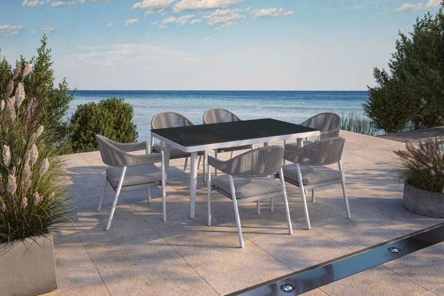 Villana Garten-Essgruppe aus Aluminium mit 6 Stapelstühlen und Esstisch aus Sicherheitsglas in Matt Weiß/Grau, B/T/H: 155 x 90 x 75 cm - Bild 1