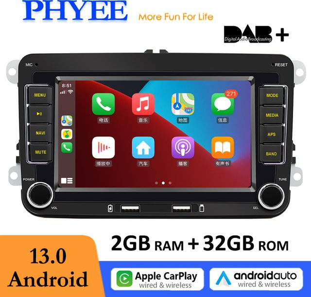 PHYEE Android-Radio 7 Zoll 2 DIN mit kabellosem CarPlay und Android Auto, DAB+ RDS, Bluetooth, GPS, 2 GB RAM, 32 GB Speicher, Schwarz, passend für VW PQ35 Golf 5/6 Jetta Touran - Bild 1