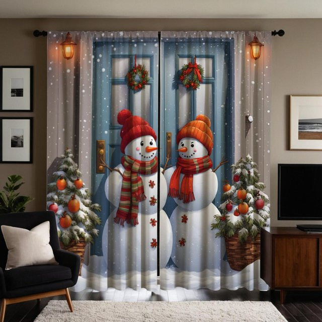 2er-Set Weihnachts-Türvorhang mit Schneemann- und Kieferndruck, grau und weiß, B: 132 cm, H: 160 cm - Bild 1