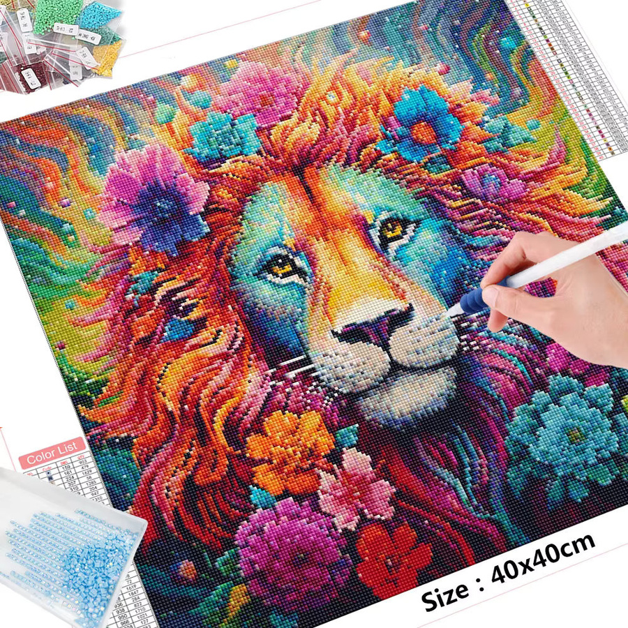HUACAN Löwe Diamantgemälde Set, rundes Mosaik-Tierbild in Multicolour für die Wanddekoration - Bild 2