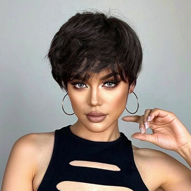 OYM HAIR Pixie-Schnitt-Perücke, Echthaar, kurz, gerade, Damen - Bild 1