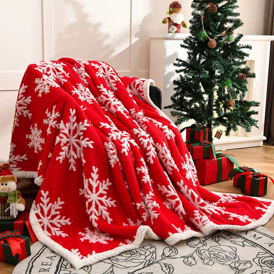 KDJEIKZ Fleece Decke mit Schneeflocken-Design in Rot, doppelschichtig und warm für Sofa und Bett, B/T: 150 x 100 cm - Bild 3