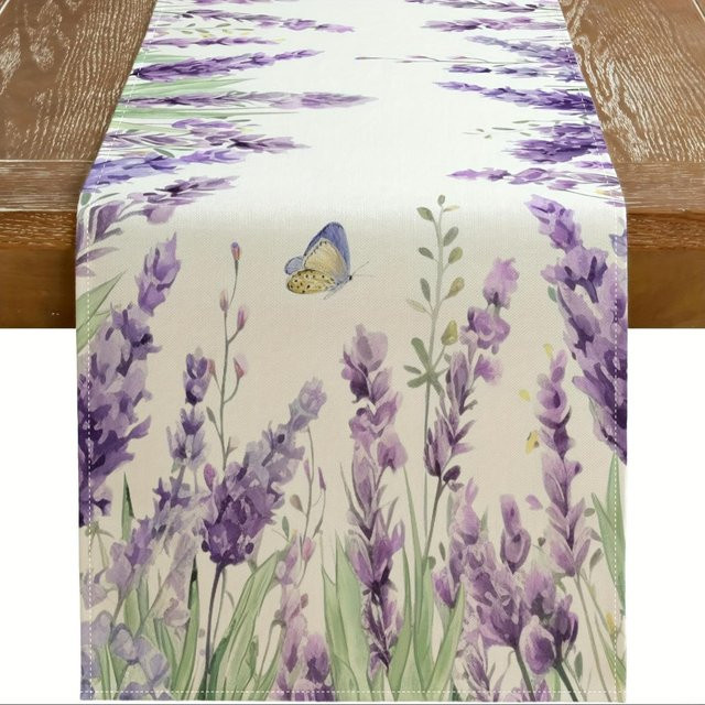 VIKAMA Tischläufer mit Frühlings-Lavendel-Motiv in Weiß, ländlicher Bauernhaus-Stil aus Leinen-Polyester-Mischung, B/H: 33 x 230 cm - Bild 1