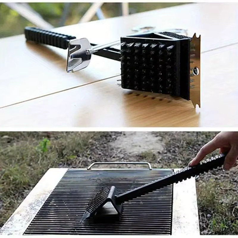 3 in 1 Grillbürste mit Kupferdraht und Schwamm sowie Schaufel für die Reinigung von Grill und Ofen, Schwarz - Bild 2