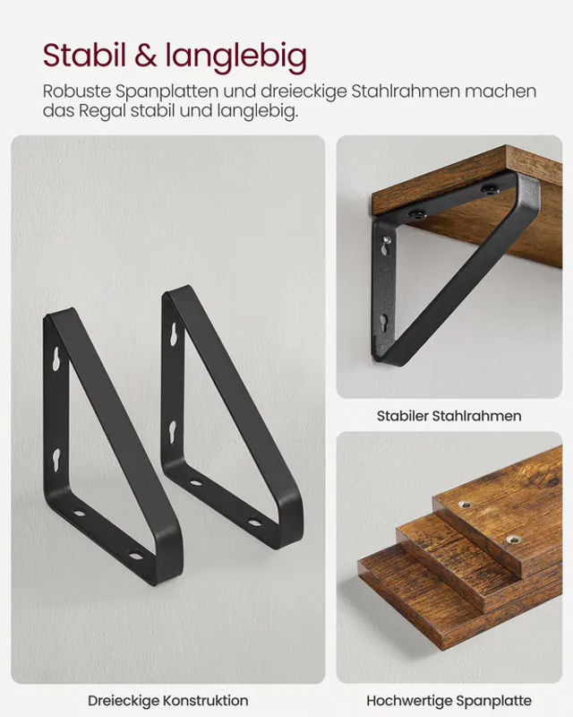 VASAGLE Wandregal im Industrie-Design, 3er Set Schweberegal in Braun mit Holzoptik und mattem Finish - Bild 4