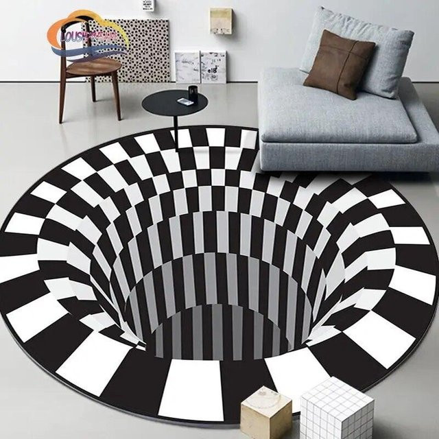 Magic Zhu 3D-Illusions Teppich in Schwarz-Weiß, runder psychedelischer Bodenmatte aus Polyester, Durchmesser: 100 cm - Bild 1
