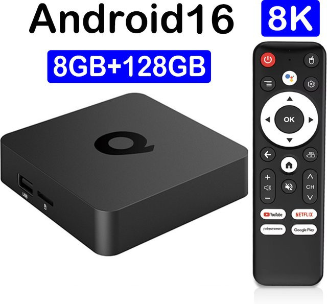 Q1 Android 16 TV Box mit Allwinner H313 Quad Core, 8GB RAM, 128GB Speicher, 5G Wifi und 8K Unterstützung, Schwarz - Bild 1