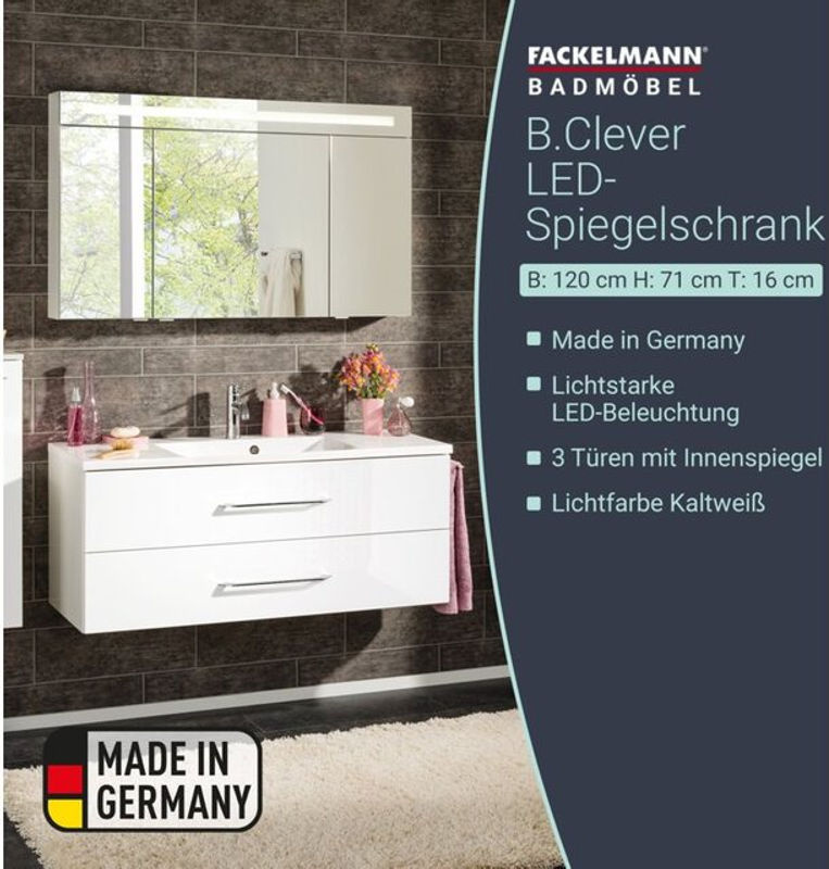 Fackelmann Spiegelschrank B.clever in Weiß Matt mit LED-Beleuchtung, Softclose-Türen und Rasierersteckdose, B/H/T: 120 x 71 x 15,8 cm - Bild 5